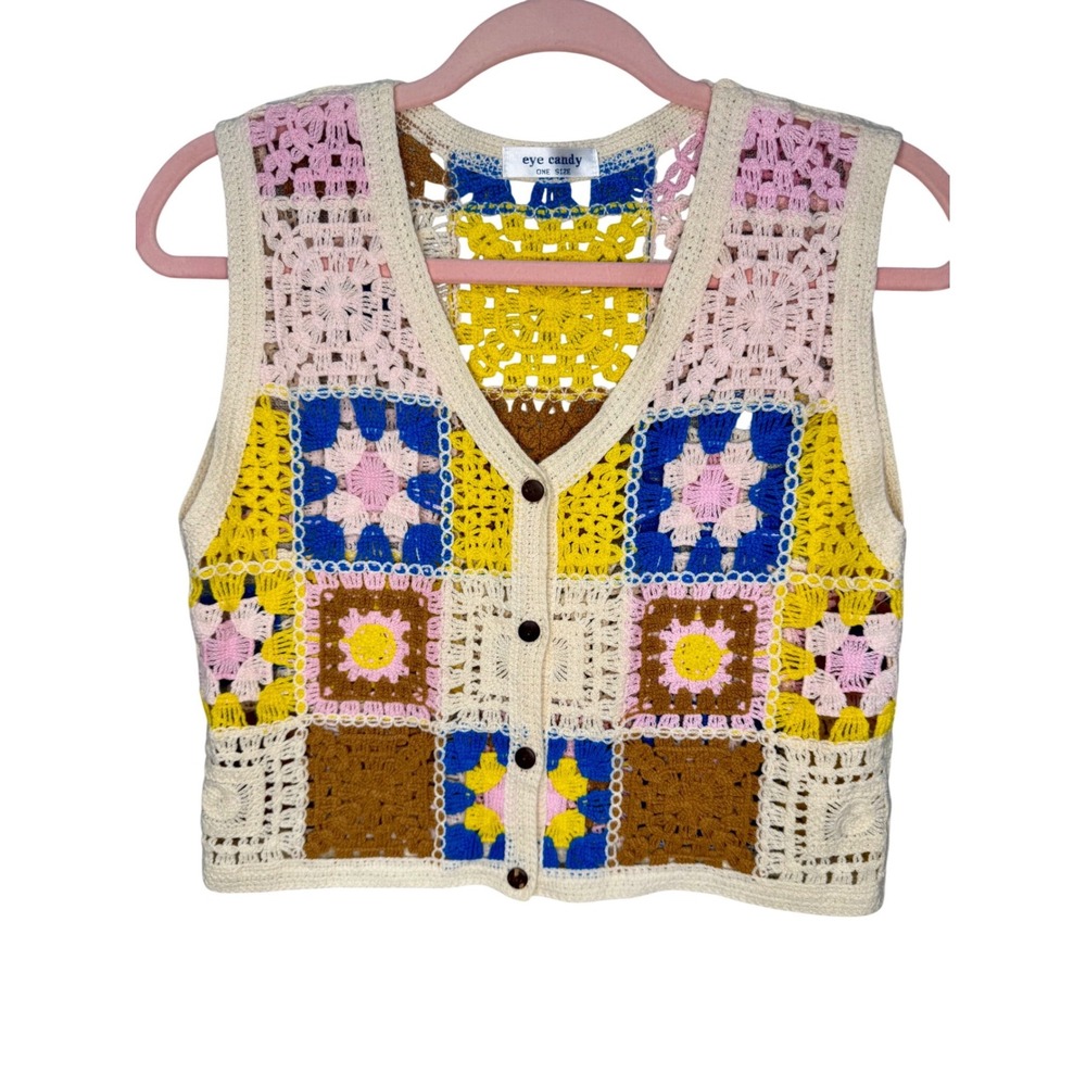 Eye Candy Crochet Granny Square Vest Multi-Color Button Front Boho Knit One Size